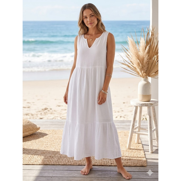 Unbranded Dresses & Skirts - Boho Chic White Cotton Gauze Tiered Maxi Dress XL